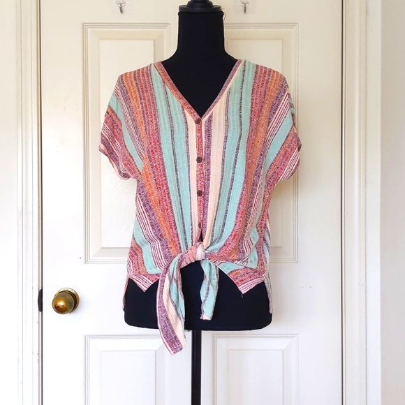 NWOT Color Stripe Drop shoulder LooseFit ShortSleeve V-Neck Button Down knit Top - Picture 1 of 5